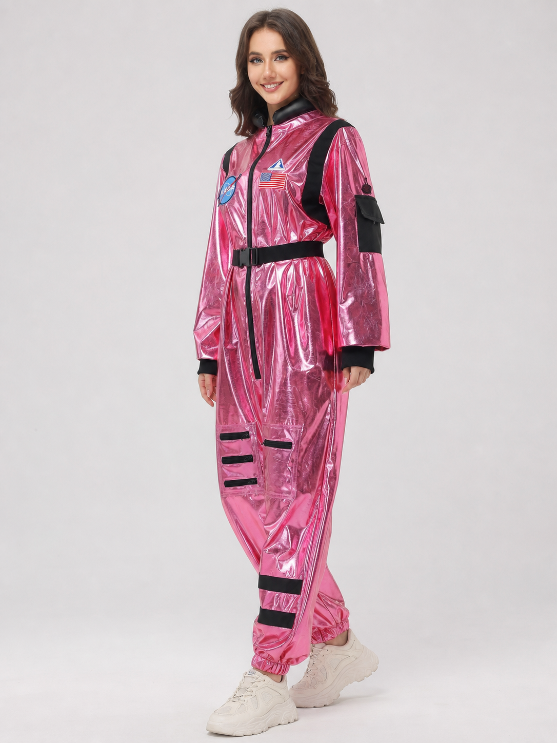 Pink Spacesuit Jumpsuit with Hood and Pockets side view