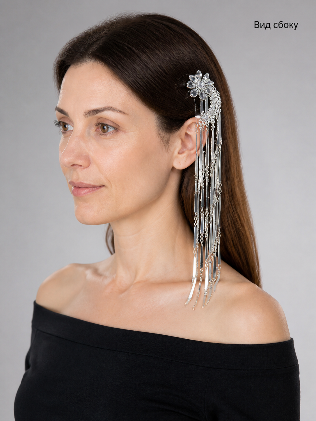 Hair Clip with Moon and Flower, Long Chains side view