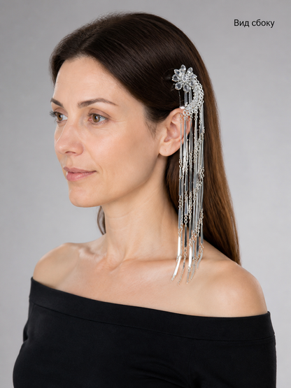 Hair Clip with Moon and Flower, Long Chains side view