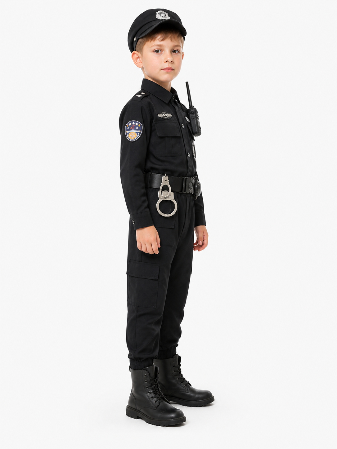 Black Children's Police Officer Costume with Cap and Belt side view