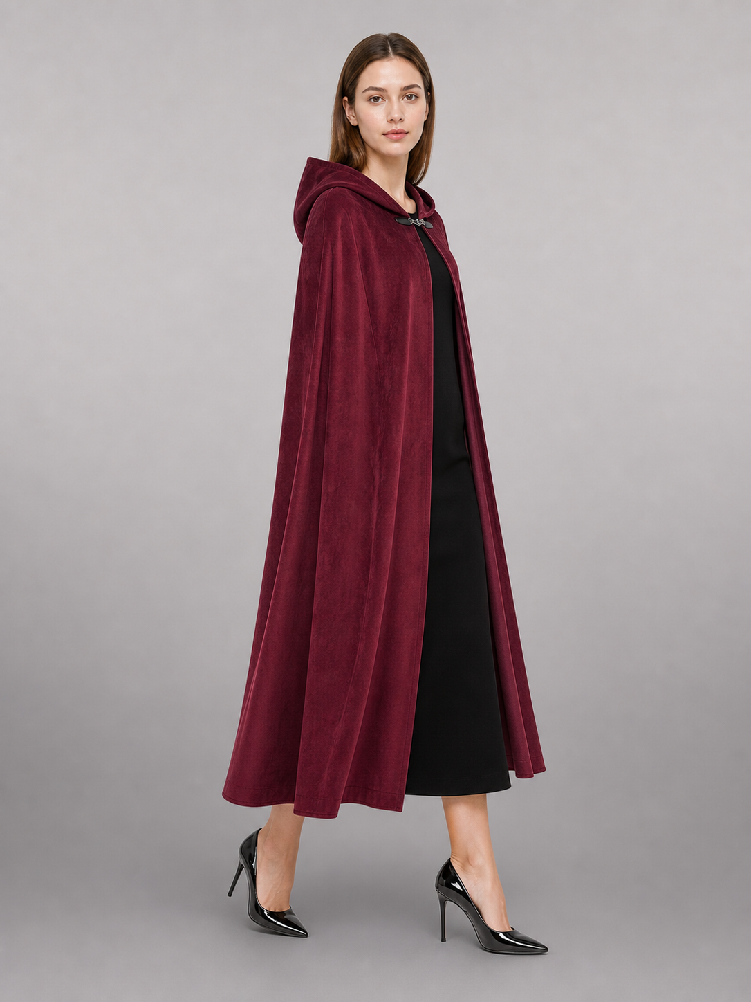 Long burgundy carnival cloak with hood