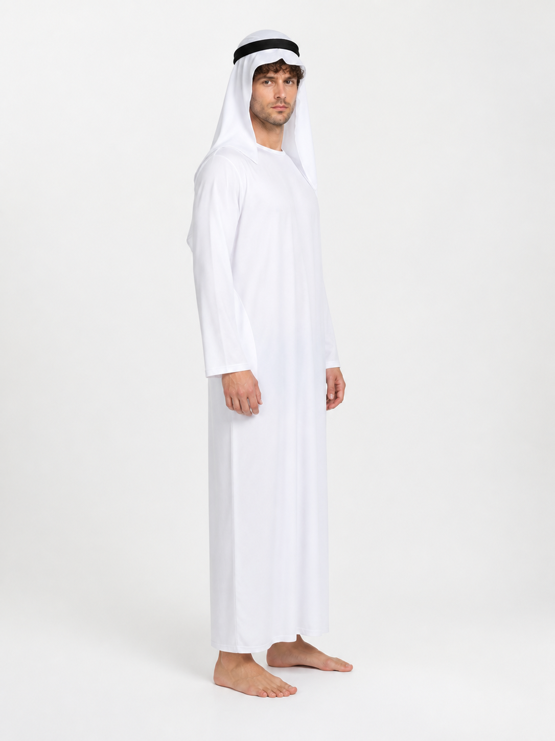 Long Robe with Head Covering, White, with Headband side view