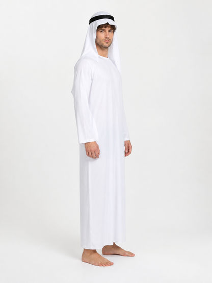 Long Robe with Head Covering, White, with Headband side view