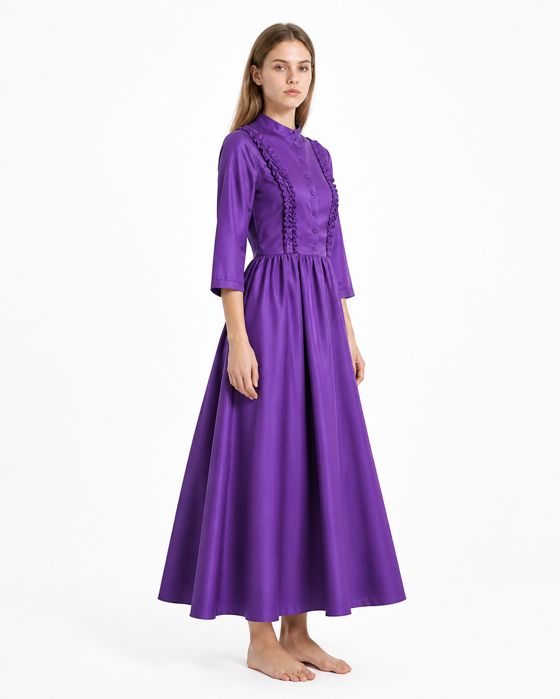 Long Gothic Dress with Stand Collar and Buttons side view