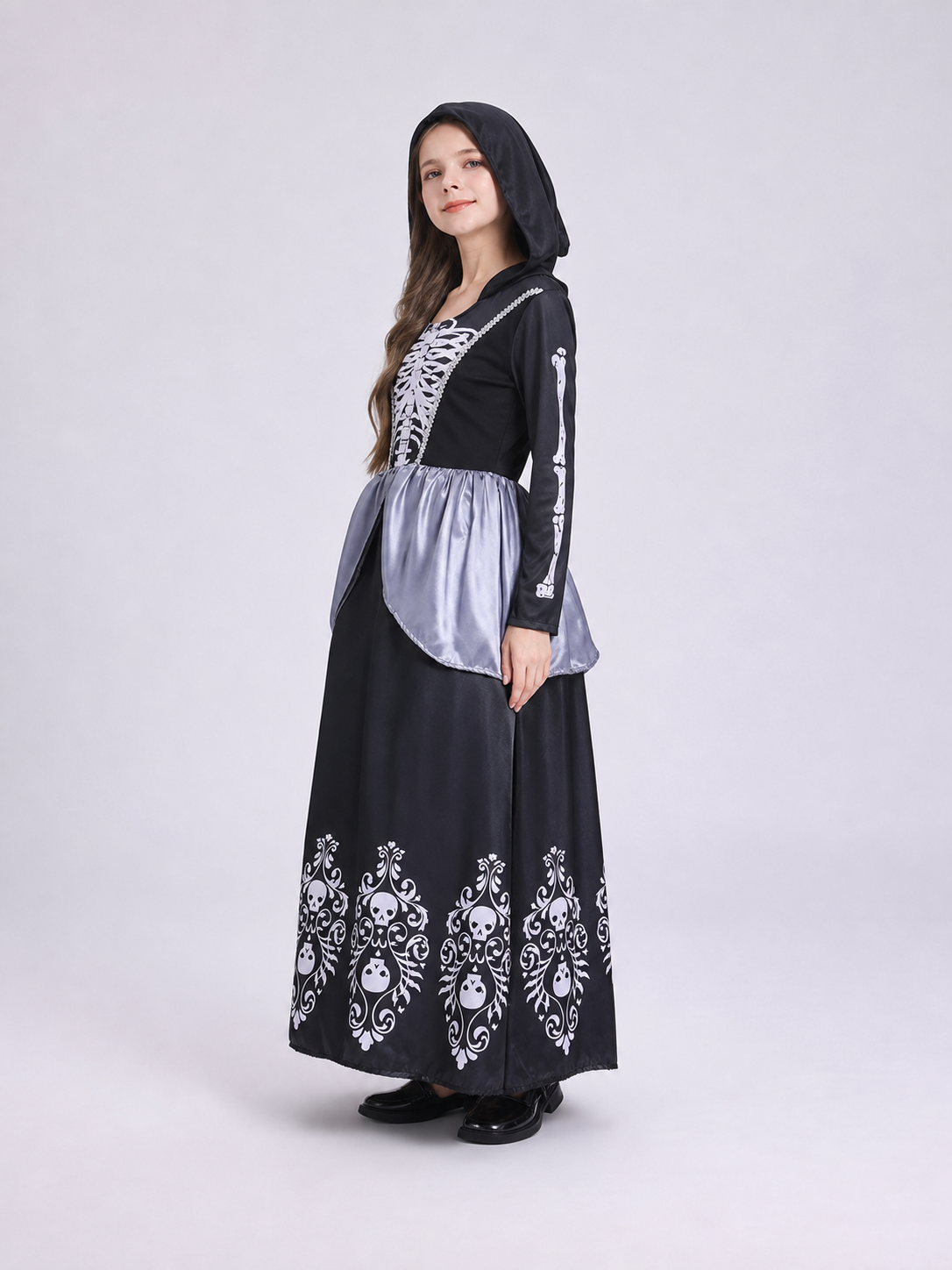 Hooded Cosplay Dress with Skeleton Print