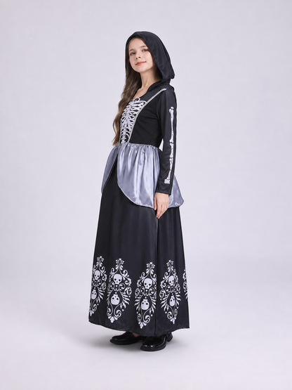 Hooded Cosplay Dress with Skeleton Print