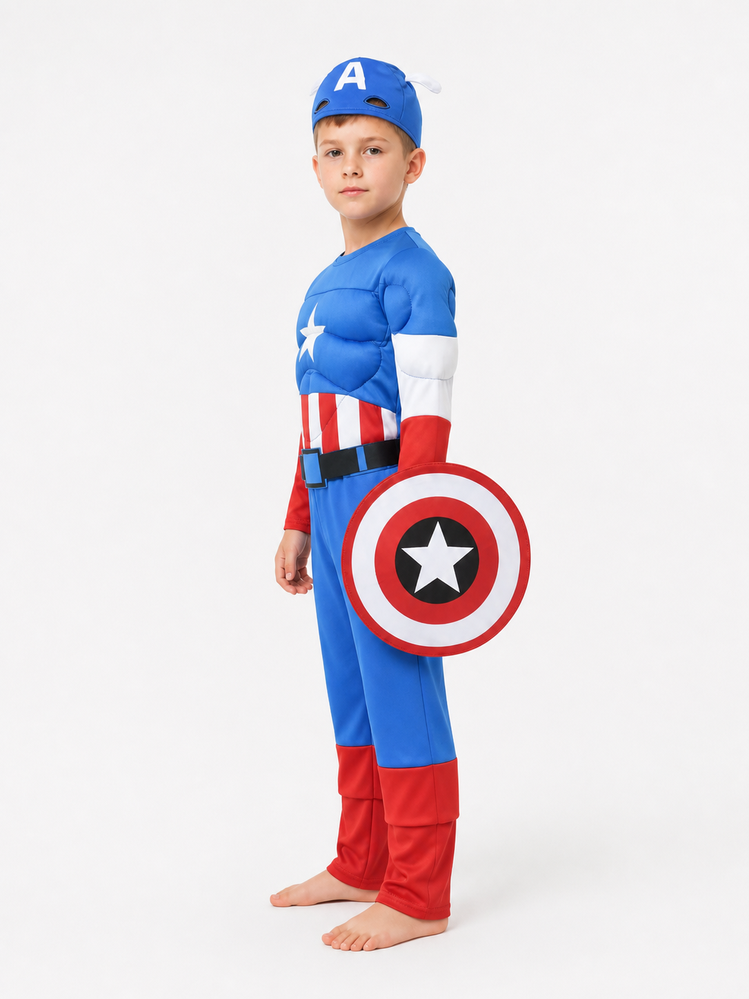 Children's Captain America Costume with Muscles and Shield side view