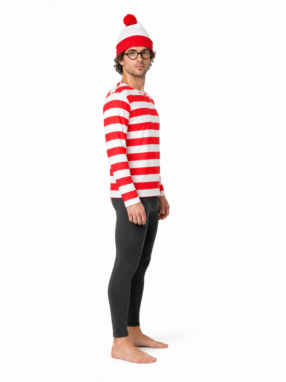 Striped Wally Costume with Hat and Glasses side view