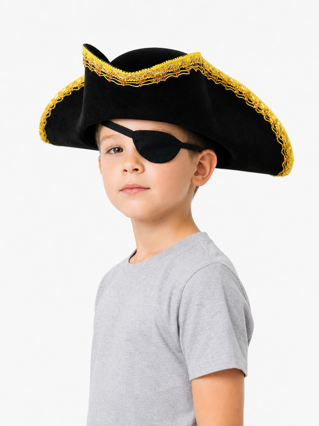 Children's black pirate tricorn hat with decorative gold trim for costume play and themed events