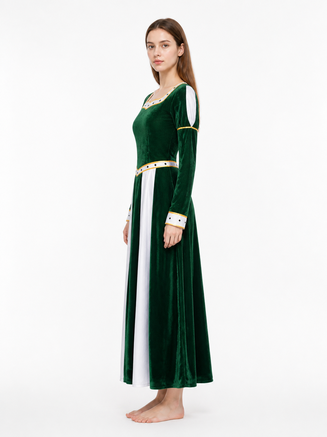 Long Green Cosplay Dress with White Inset side view