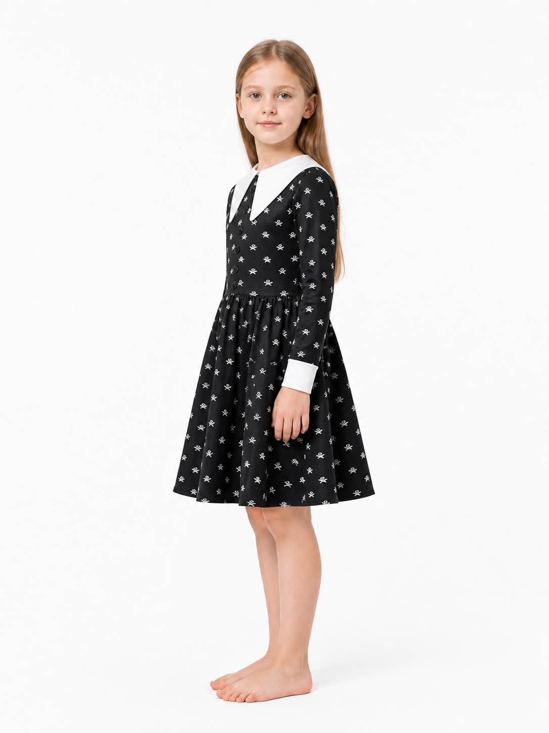 Black Long-Sleeve Dress with Skulls for Halloween side view