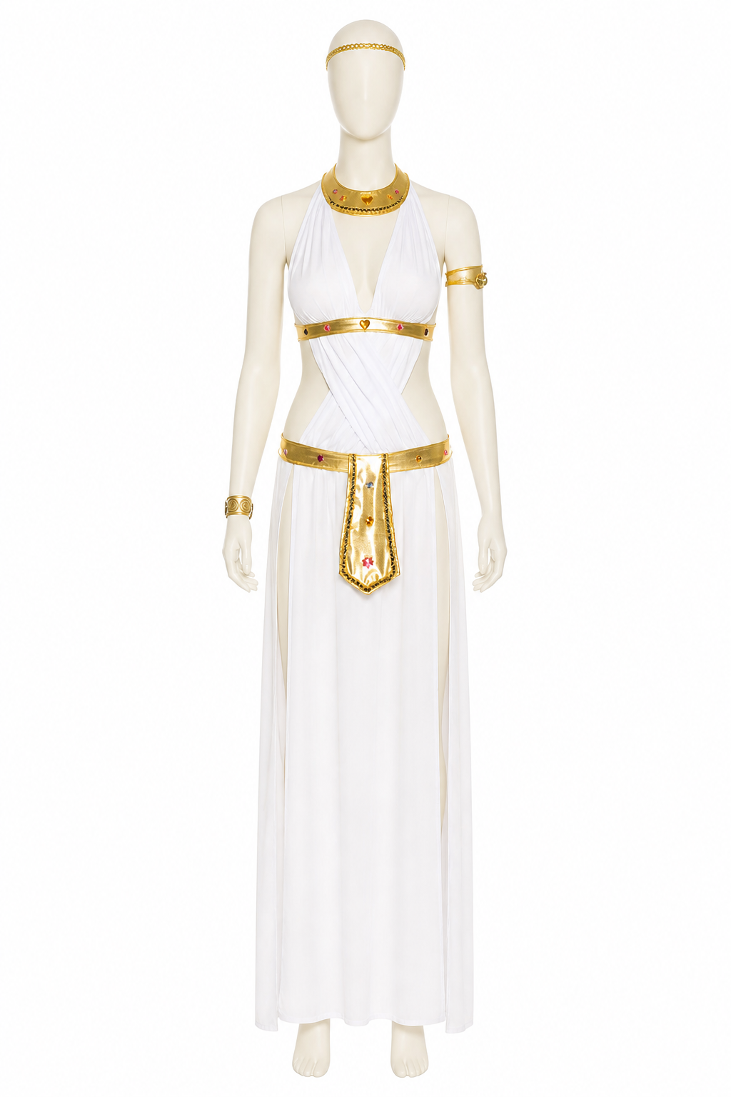 Cleopatra Costume, White Dress with Gold Accents side view