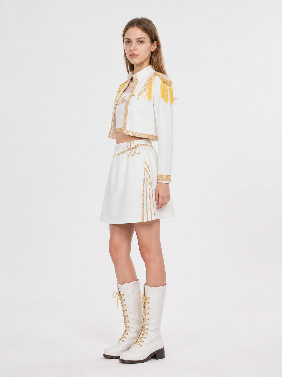 Three-Piece Stage Costume with Skirt and Gold Trim side view