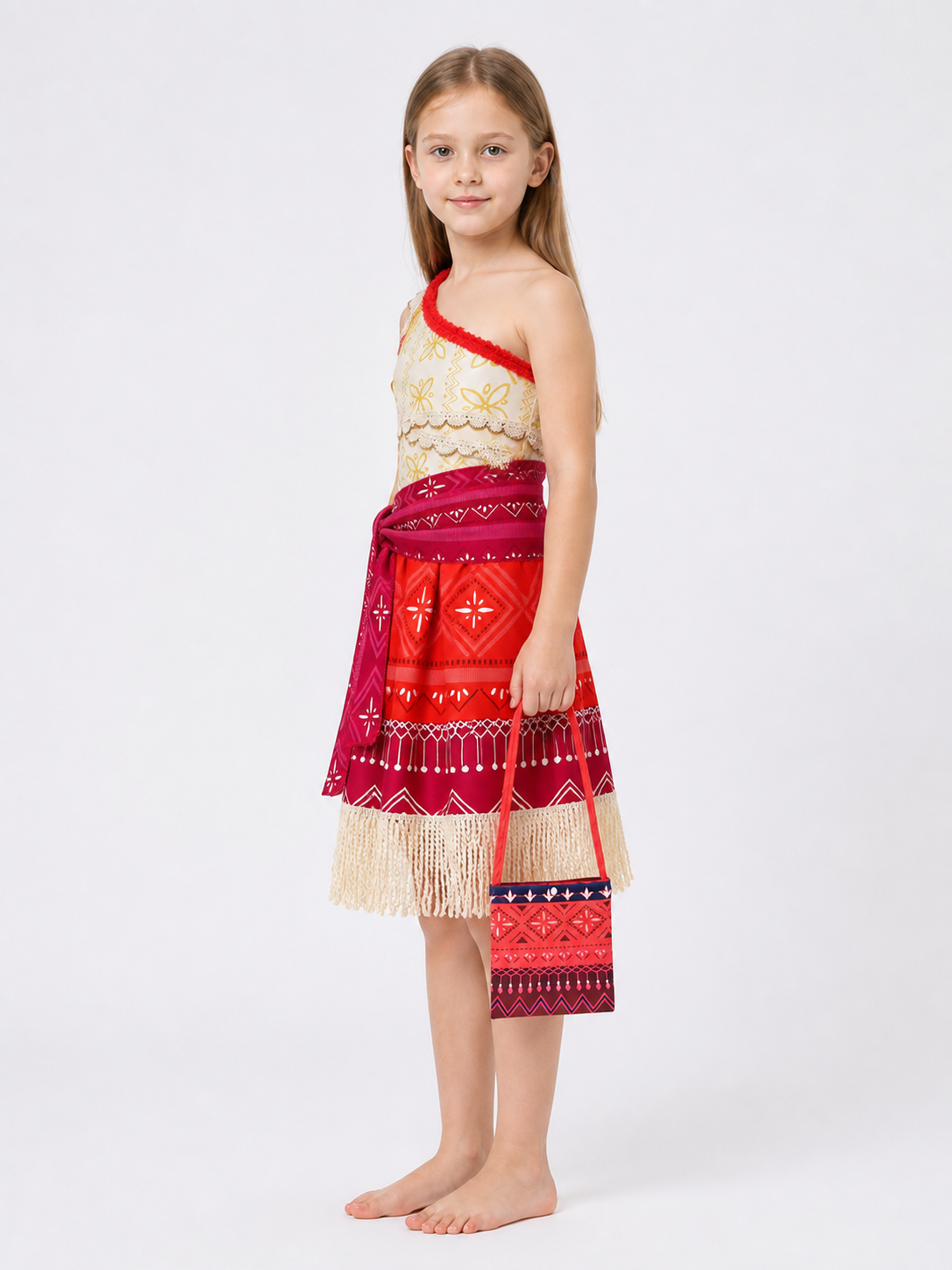 One-Shoulder Moana Costume with Fringe and Handbag side view