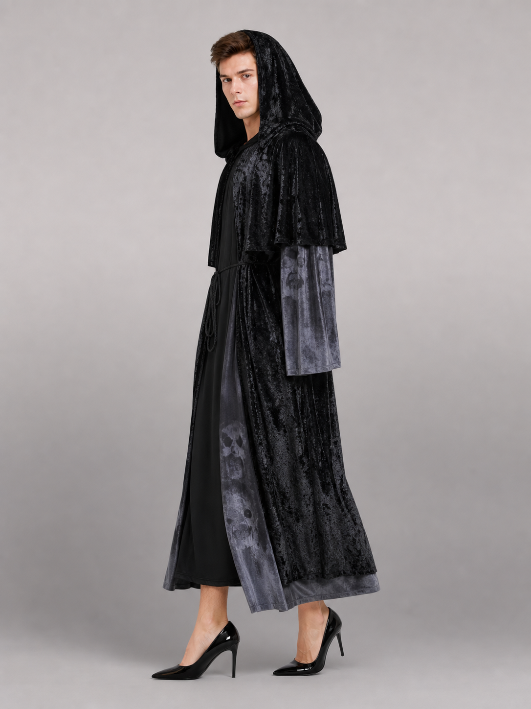 Black Hooded Gothic-Style Carnival Cloak