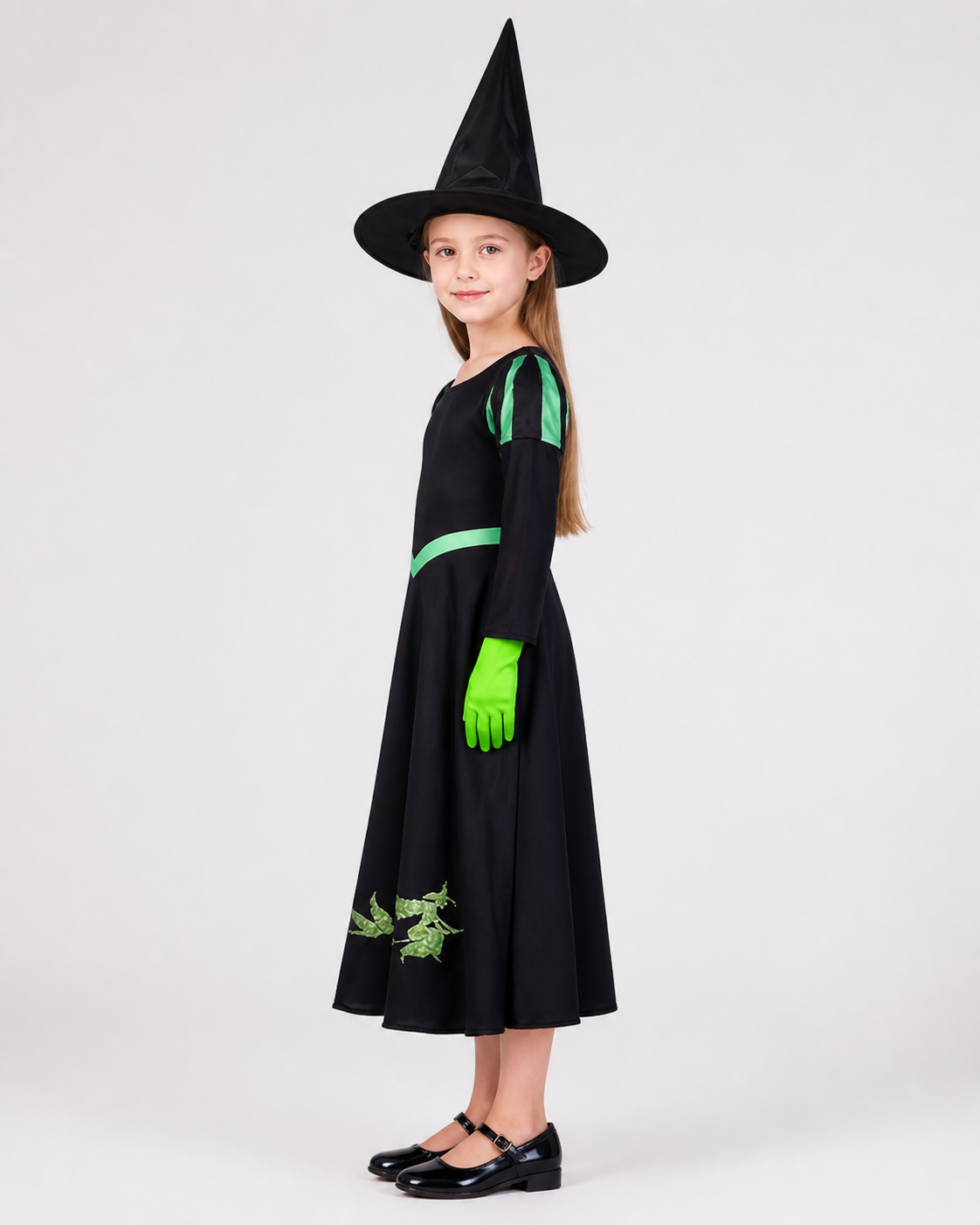 Witch Costume Set With Hat And Gloves, Black And Green Long Sleeve Dress With side view
