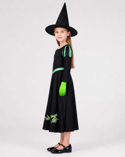 Witch Costume Set With Hat And Gloves, Black And Green Long Sleeve Dress With side view