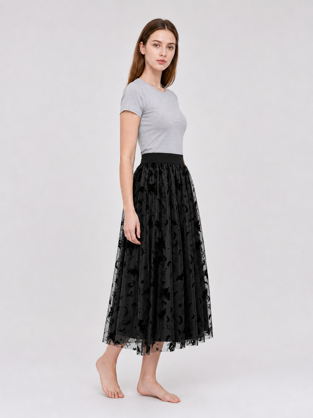Black mesh midi skirt with bats
