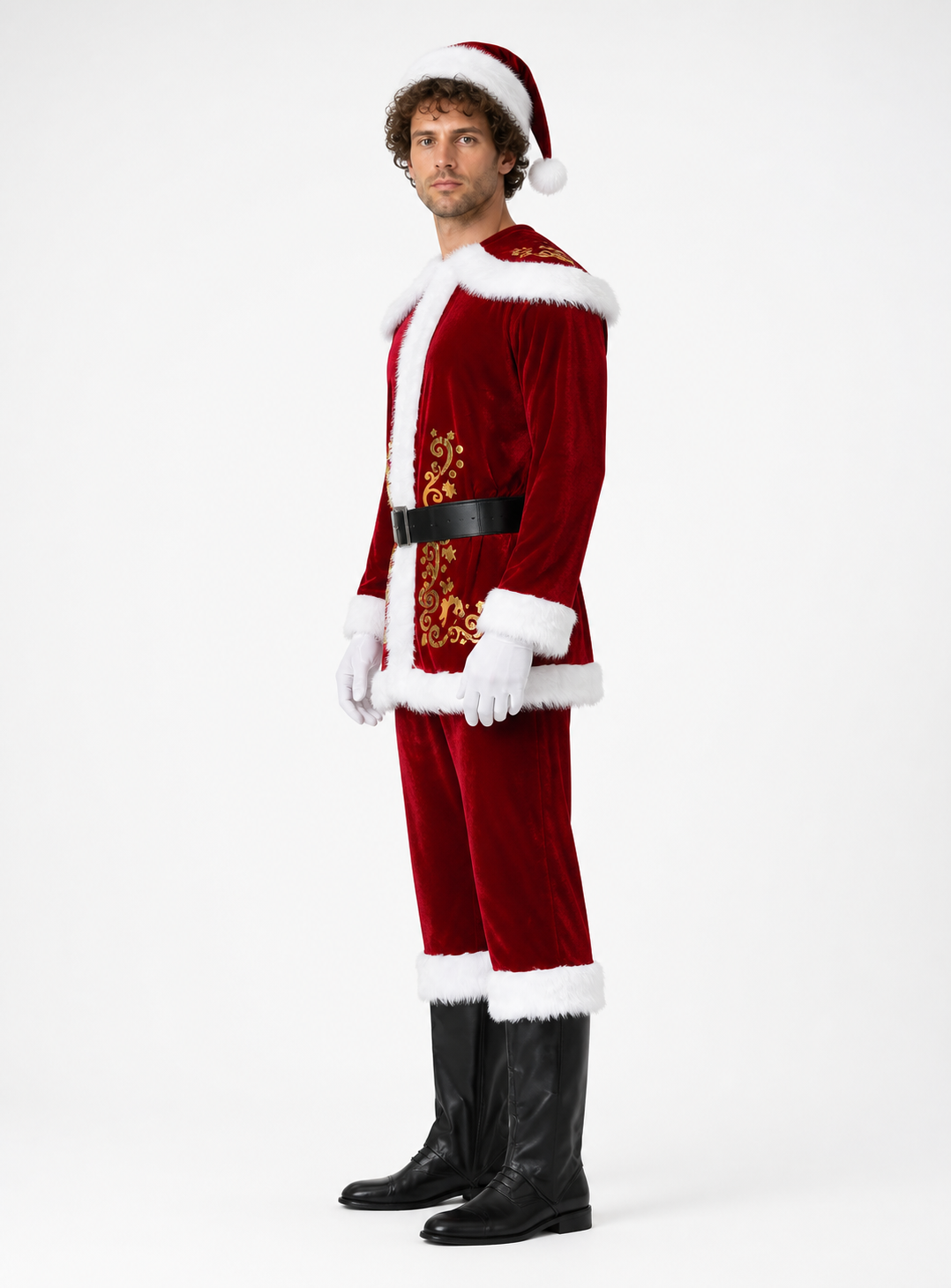 Santa Claus Costume, Red with White Fur Trim and Beard side view