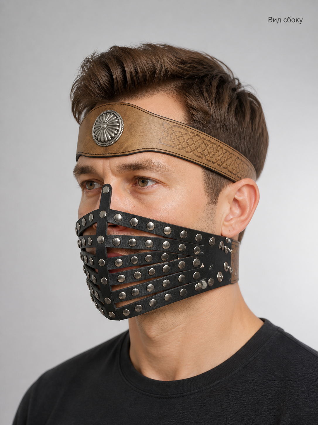 Wide Brown Costume Headband with Silver-Tone Decoration side view