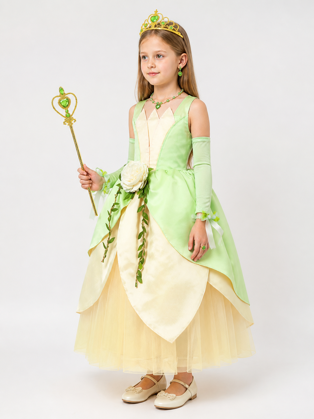Princess Costume in Green and Cream Tones side view
