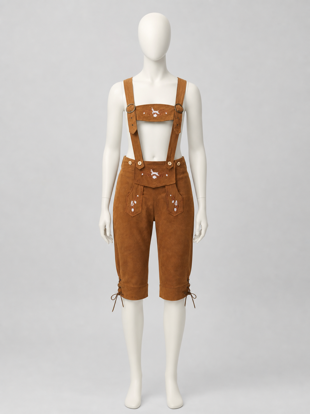 Brown folk role-play clothing designed as short shorts with a bib panel connected to shoulder suspenders and extending to the waistline. The outfit features an ethnic style and several front pockets, including pockets on the bib and shorts.