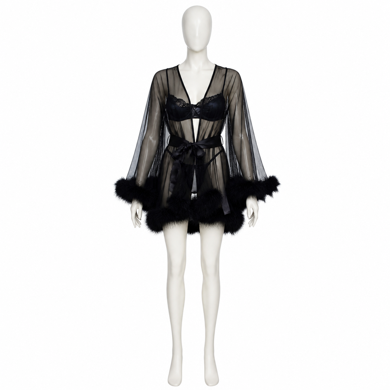 Black Sheer Robe with Belt and Long Sleeves side view