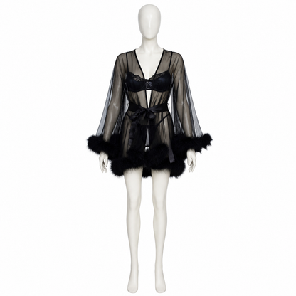 Black Sheer Robe with Belt and Long Sleeves side view