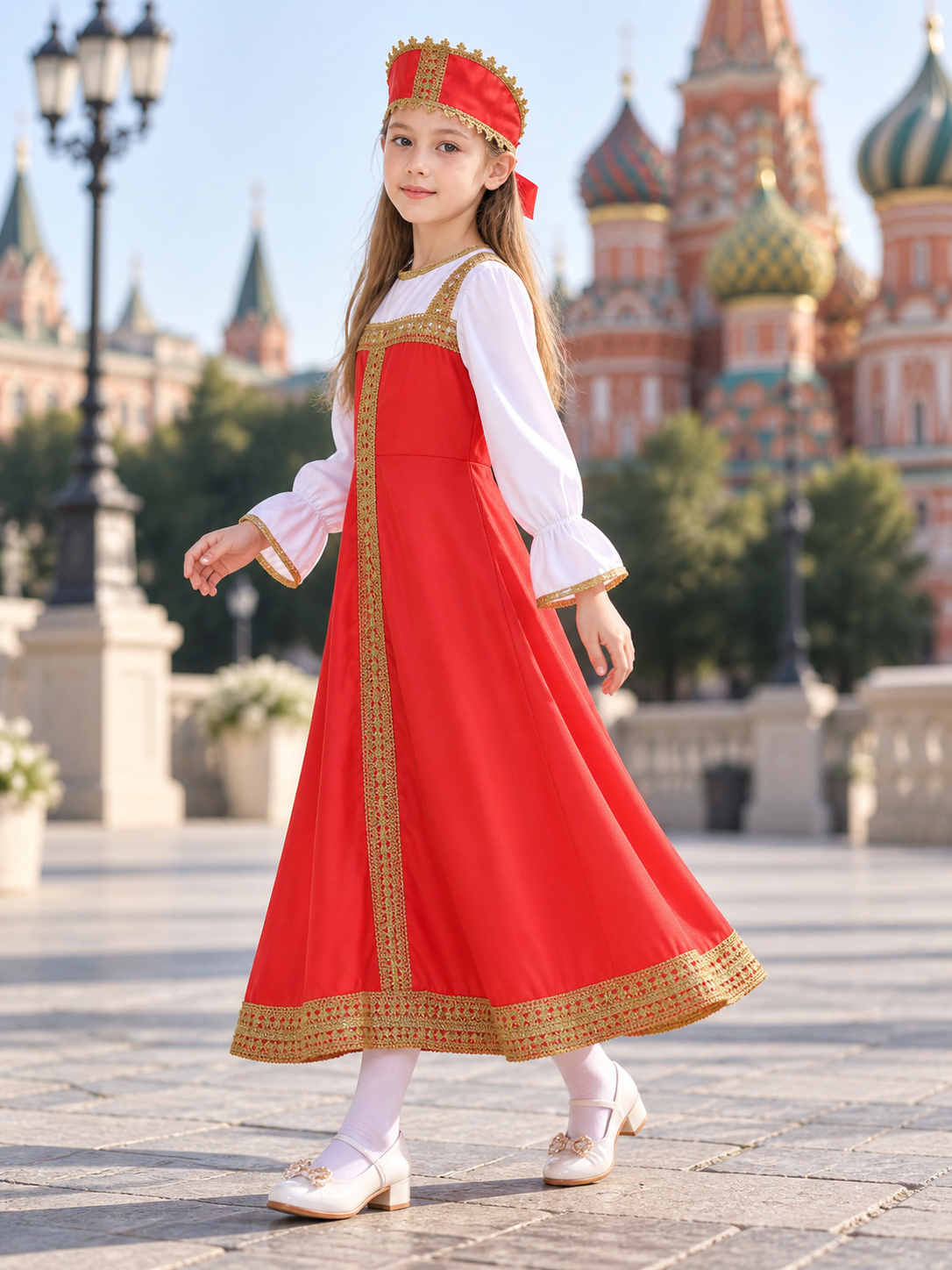 Red Dress with Headpiece and Gold Braid side view