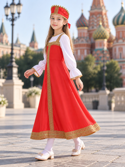 Red Dress with Headpiece and Gold Braid side view