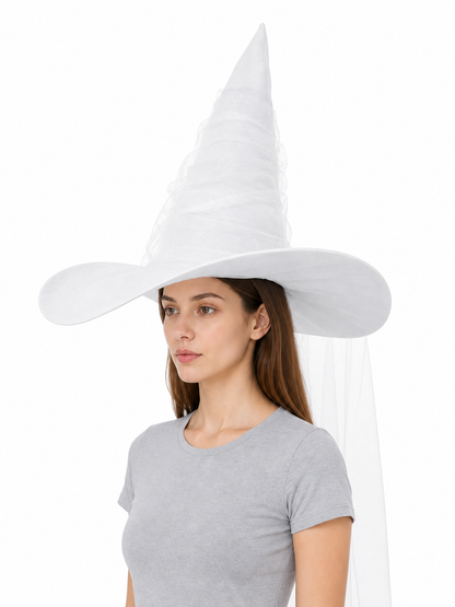 White Halloween Witch Hat With Attached Sheer Veil, Tall Curved Pointed Crown And Wide Floppy Brim For Cosplay Costume Party