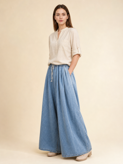Light Blue Wide-Leg Jeans with Drawstring