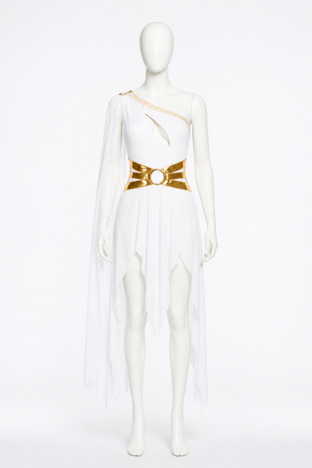 White Cleopatra Costume with Gold Belt and High Slit side view