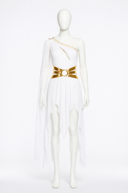 White Cleopatra Costume with Gold Belt and High Slit side view