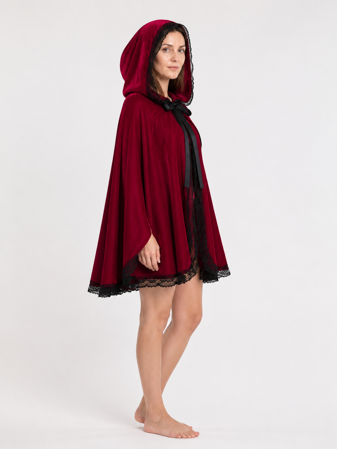 Burgundy Hooded Cape with Black Lace and Bow side view