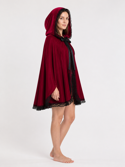 Burgundy Hooded Cape with Black Lace and Bow side view