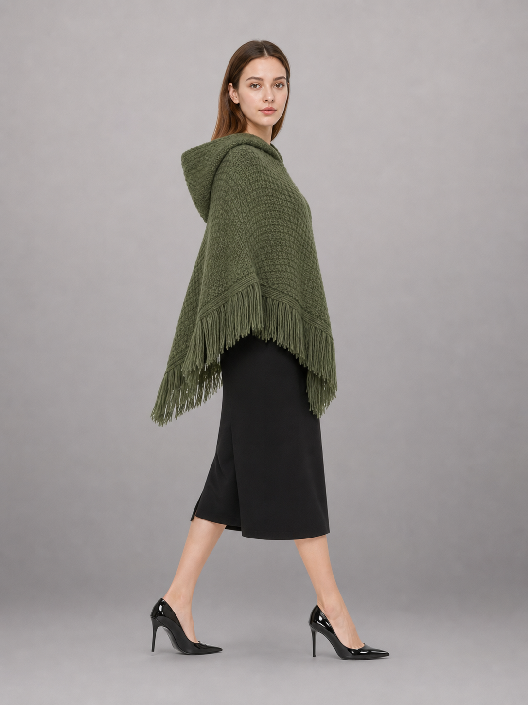 Triangular Hooded Poncho Cape with Belt
