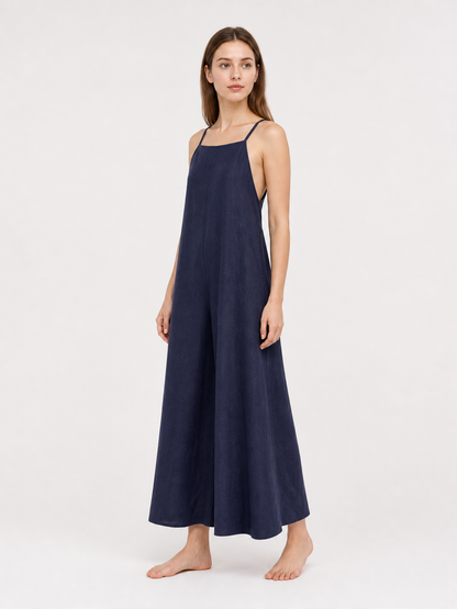 Blue Spaghetti Strap Wide Leg Jumpsuit, Sleeveless One-Piece Overalls With Long side view