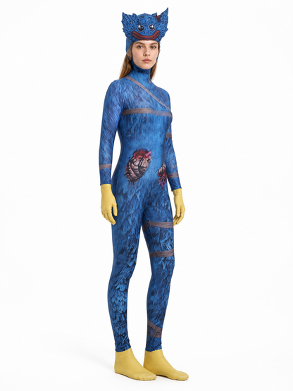 Blue Hooded Monster Jumpsuit Costume side view