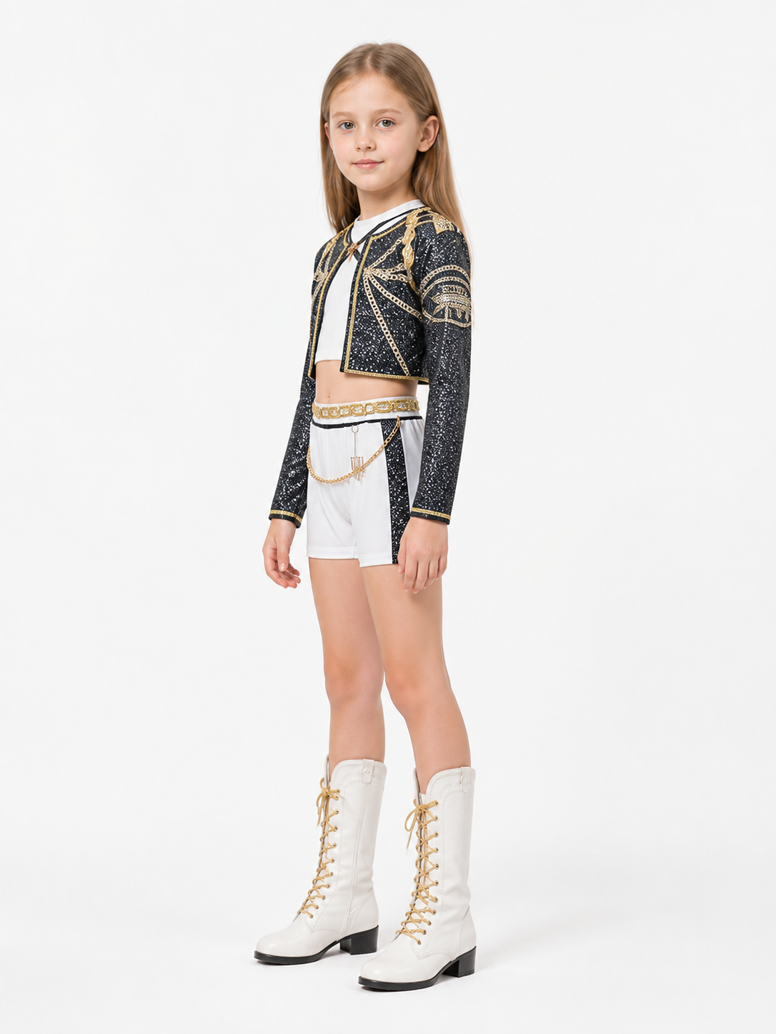 Girls' Demon Hunter Costume, Black, White, and Gold side view