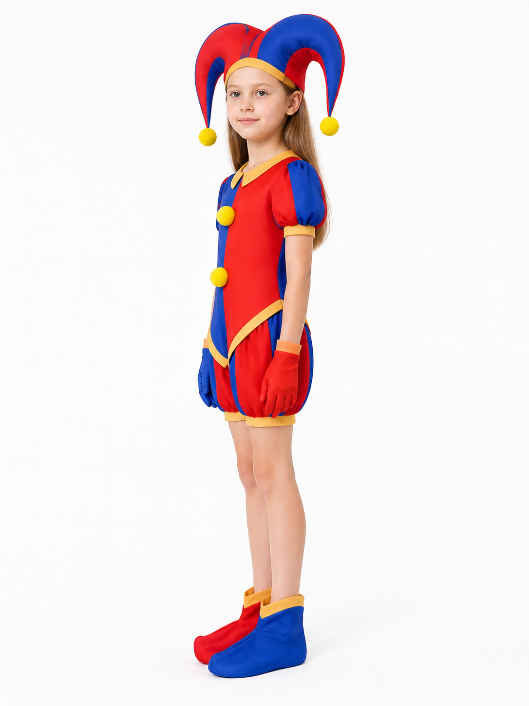 Red-and-Blue Pomni Clown Jumpsuit with Yellow Pom-Poms side view