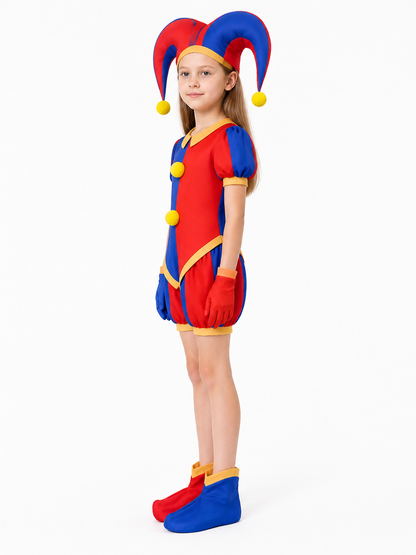 Red-and-Blue Pomni Clown Jumpsuit with Yellow Pom-Poms side view