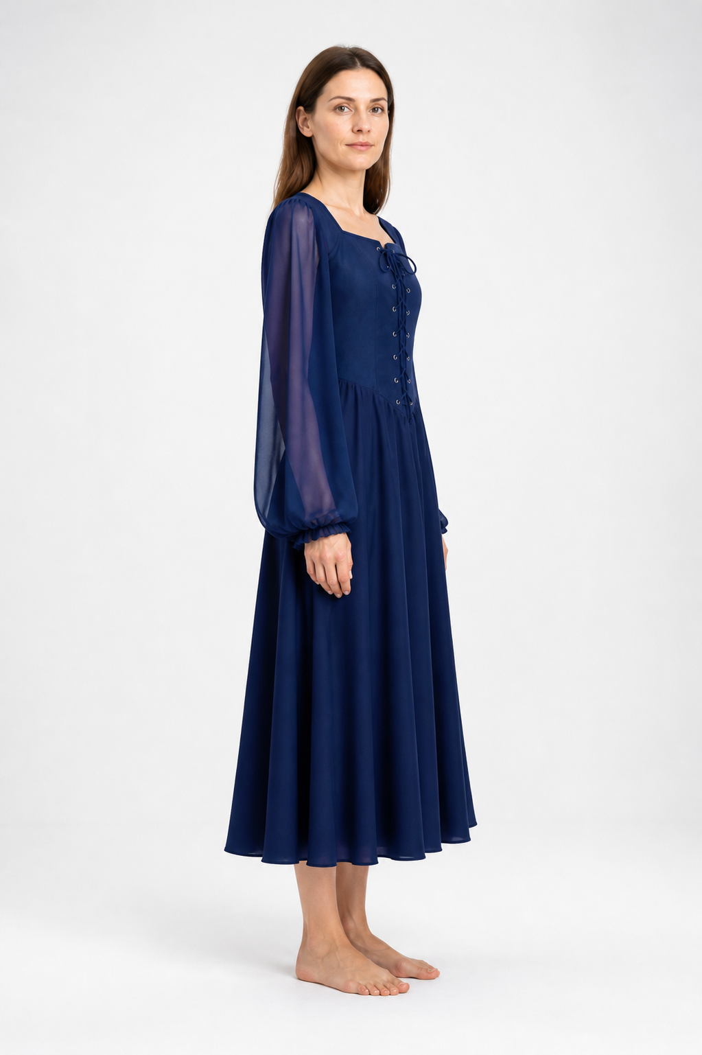 Renaissance-Style Dress with Flared Sleeves and Lacing, Blue side view