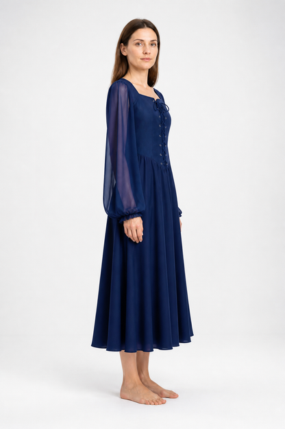 Renaissance-Style Dress with Flared Sleeves and Lacing, Blue side view