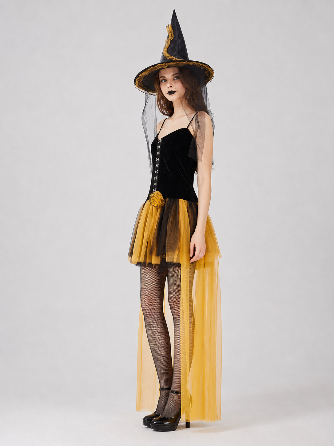 Witch-Style Costume Dress with a Yellow and Black Skirt