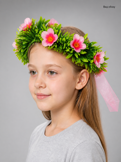 Carnival Headband with Pink Flowers and Green Leaves side view