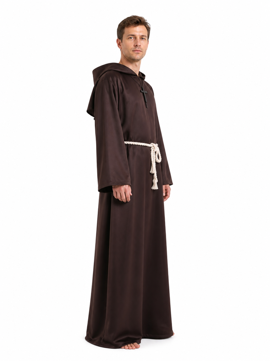 Long Brown Hooded Religious Robe side view
