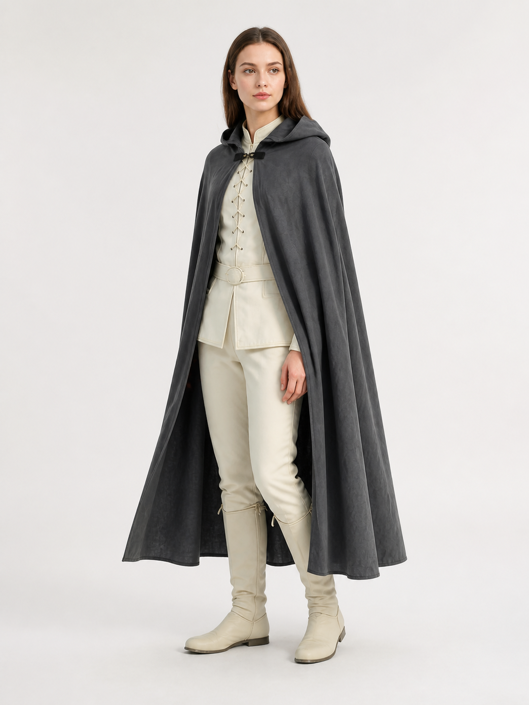 Adult Fantasy Hooded Cape, Long Dark Gray Cloak With Front Tie Closure, Wide side view 6