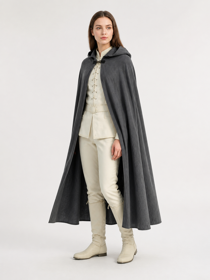 Adult Fantasy Hooded Cape, Long Dark Gray Cloak With Front Tie Closure, Wide side view 6