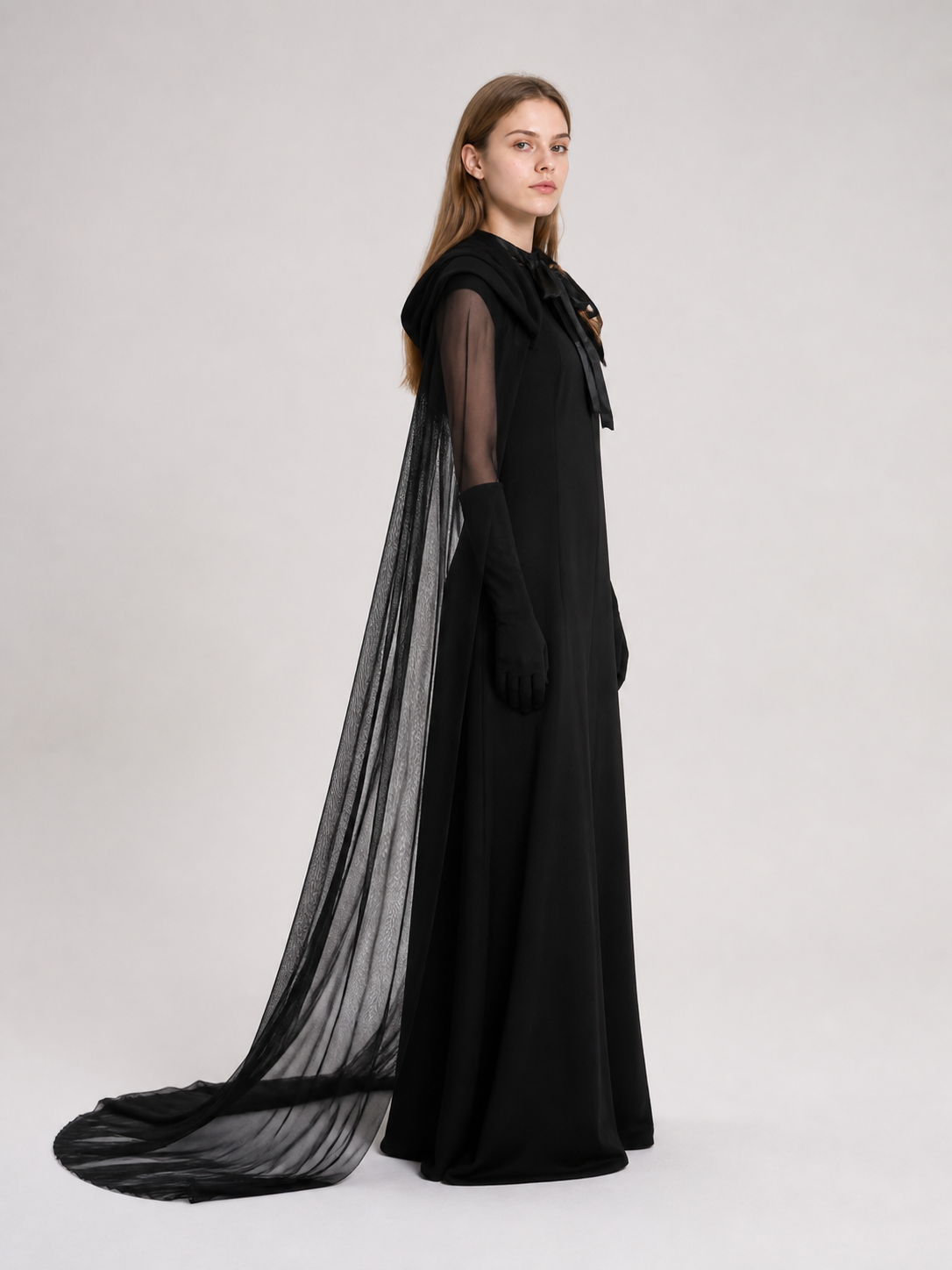 Hooded Costume: Dress, Cape, and Gloves side view